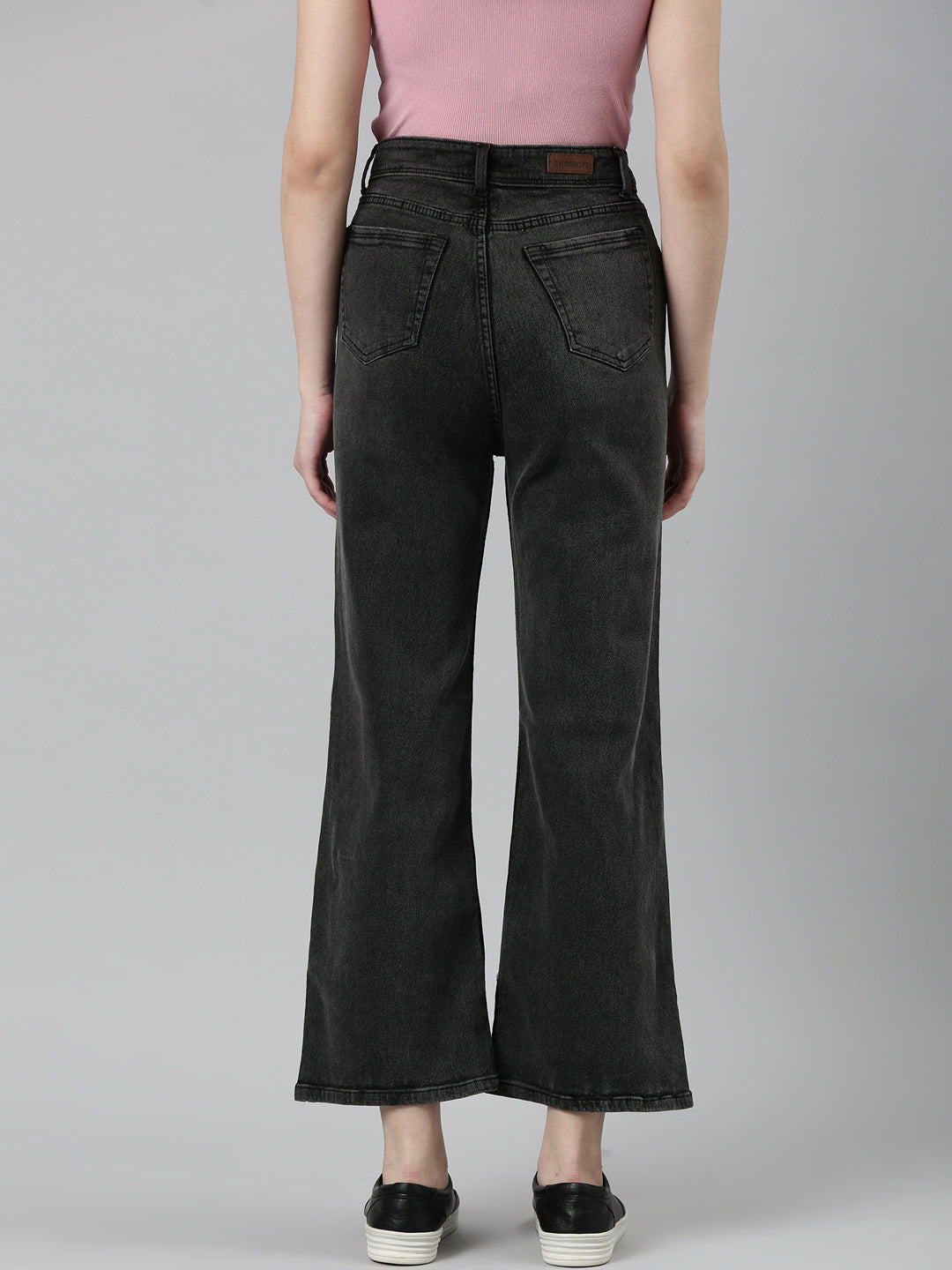 Women Charcoal Solid Wide Leg Denim Jeans