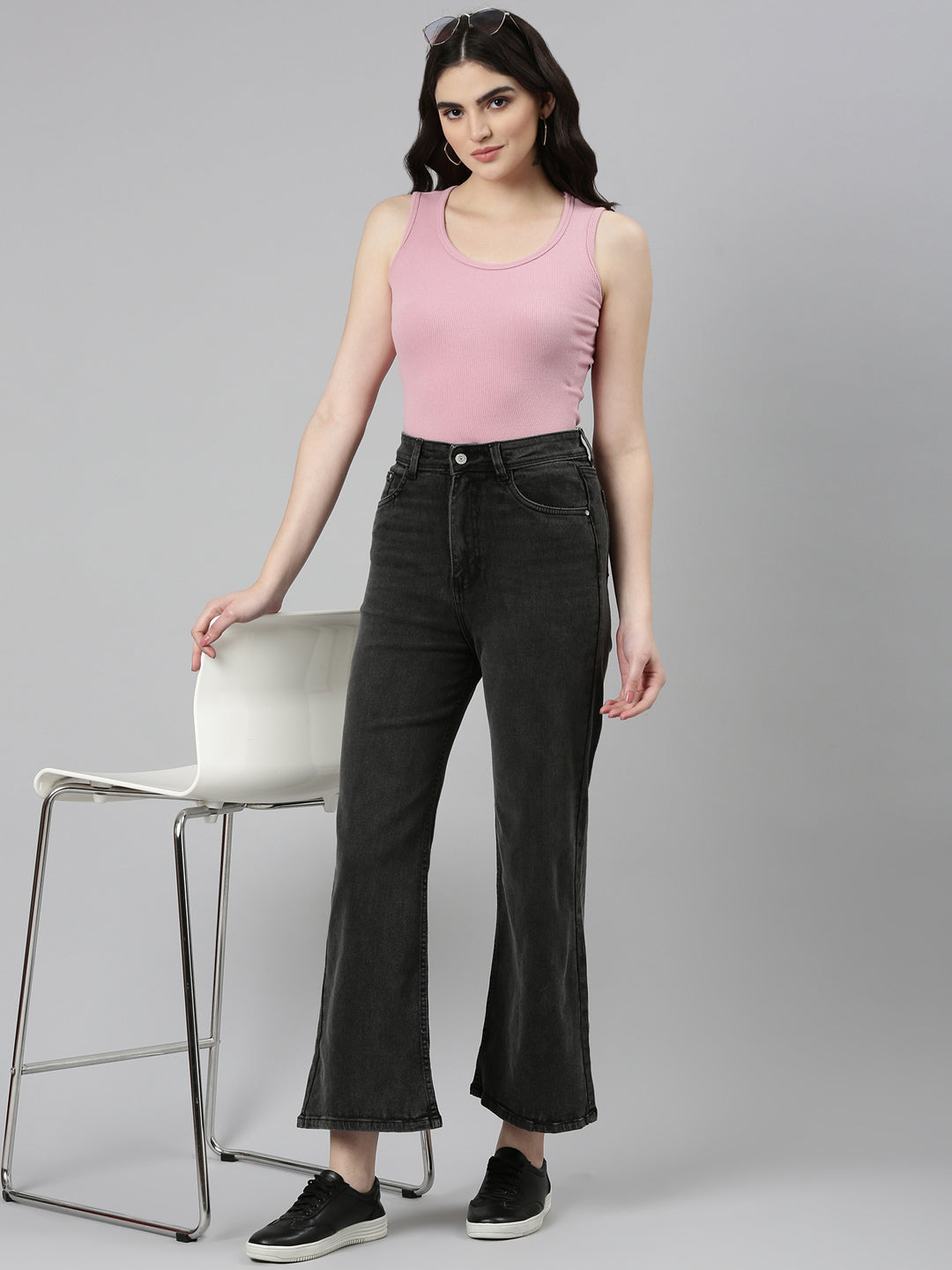 Women Charcoal Solid Wide Leg Denim Jeans