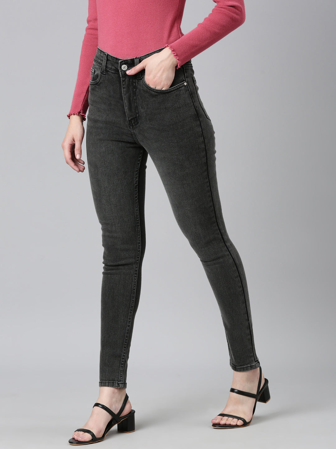 Women Grey Solid Skinny Fit Denim Jeans