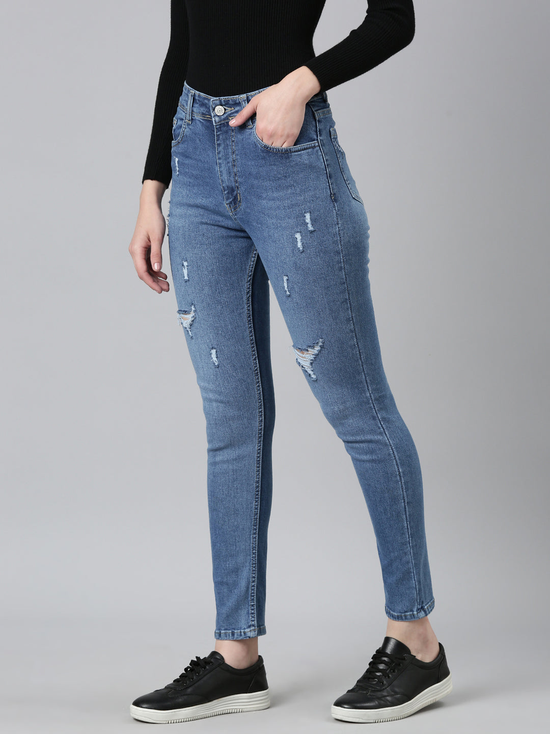 Women Blue Solid Regular Fit Denim Jeans