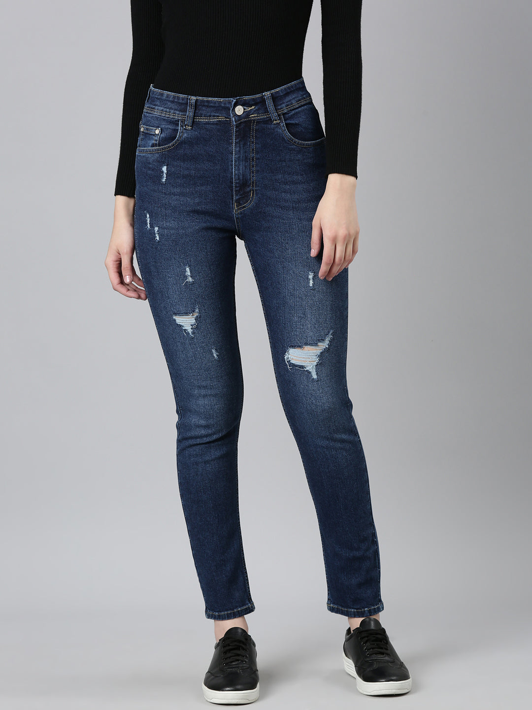 Women Blue Solid Regular Fit Denim Jeans