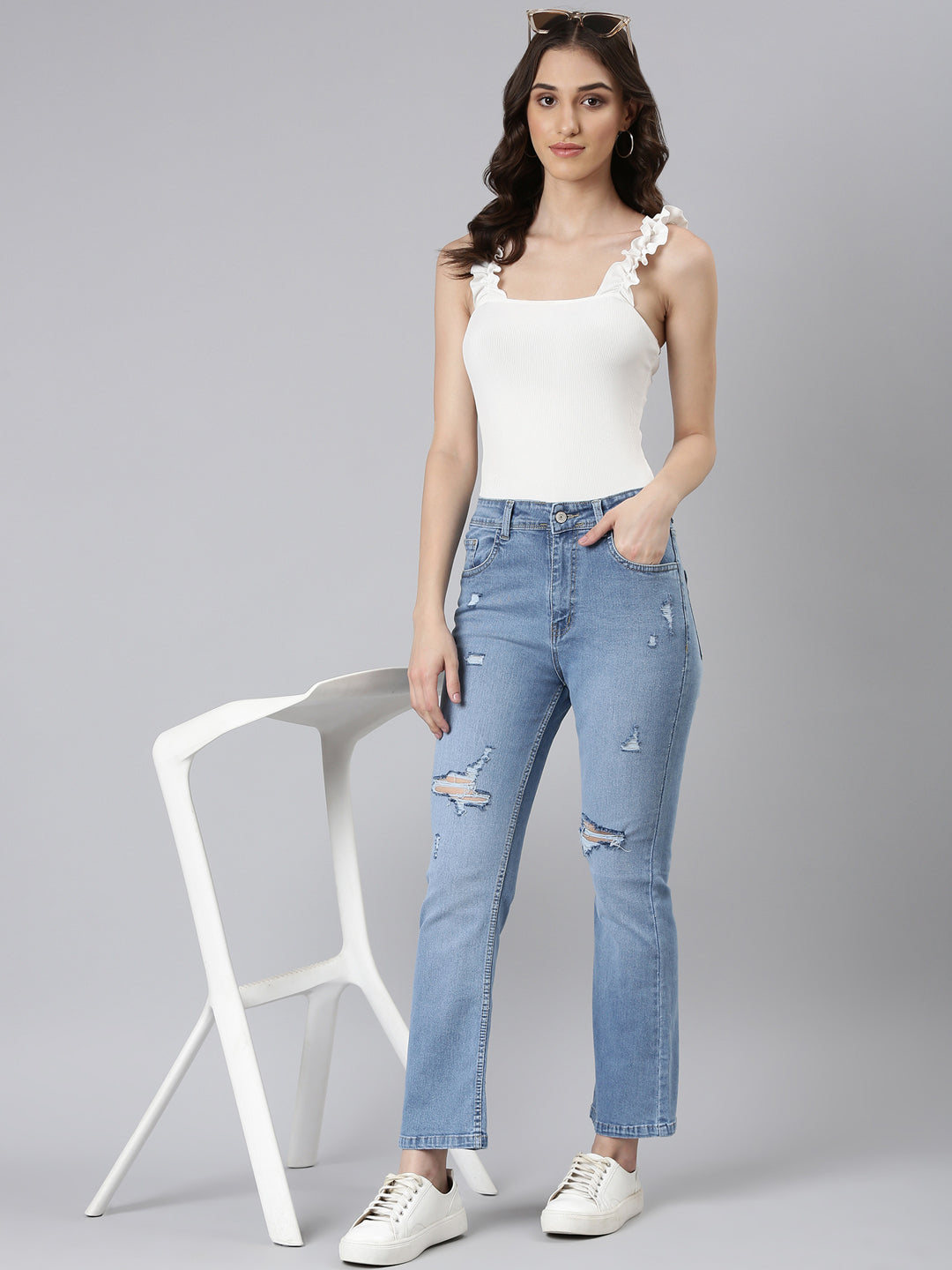 Women Blue Solid Flared Denim Jeans