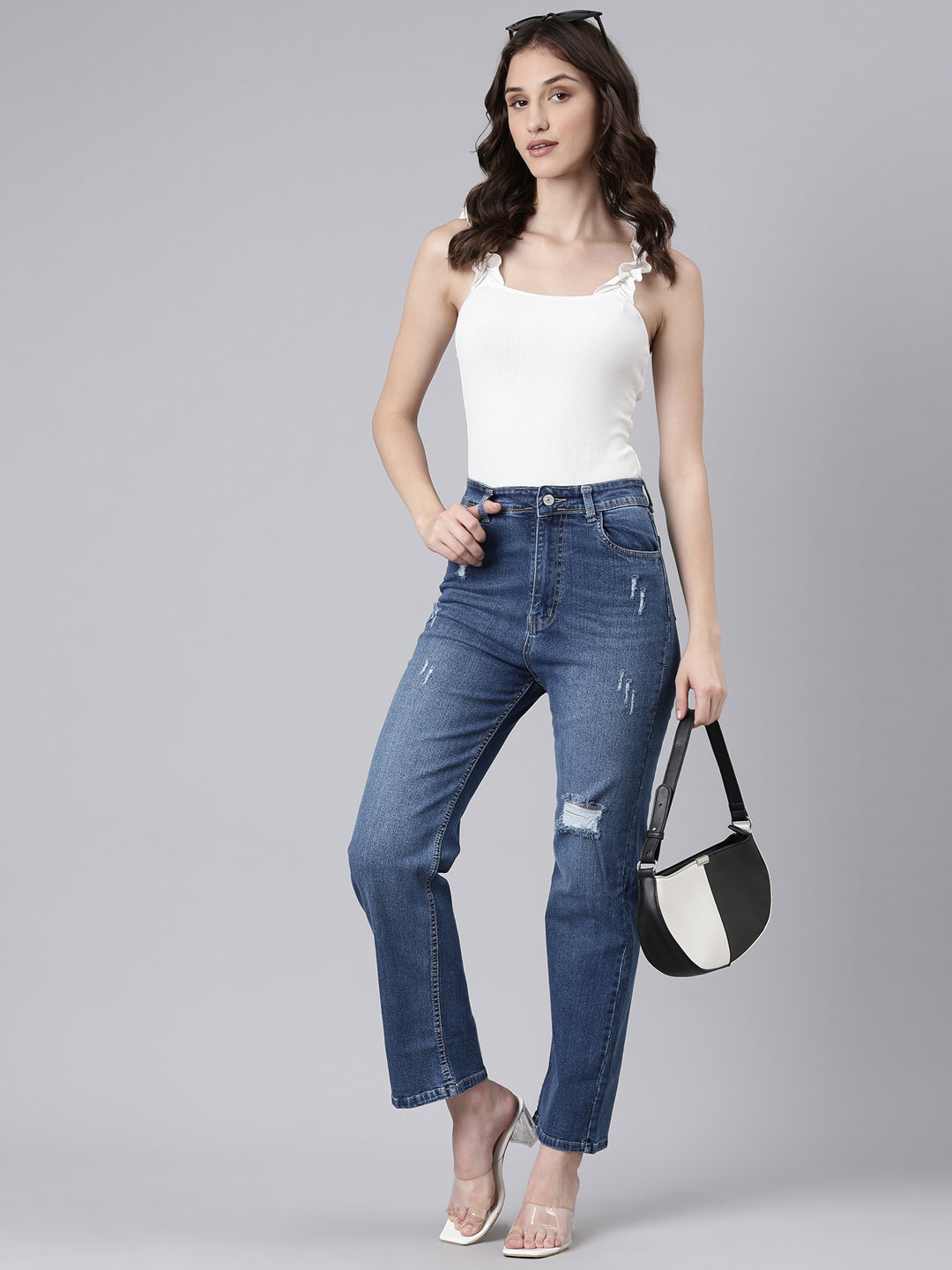 Women's Navy Blue Straight Fit Mildly Distressed Light Fade Denim Jeans