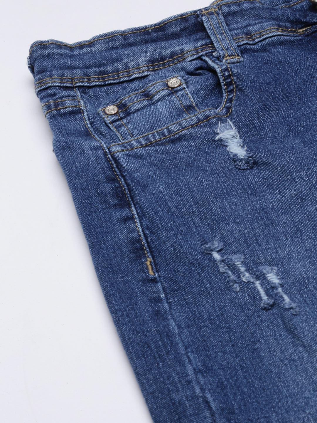 Women's Navy Blue Straight Fit Mildly Distressed Light Fade Denim Jeans