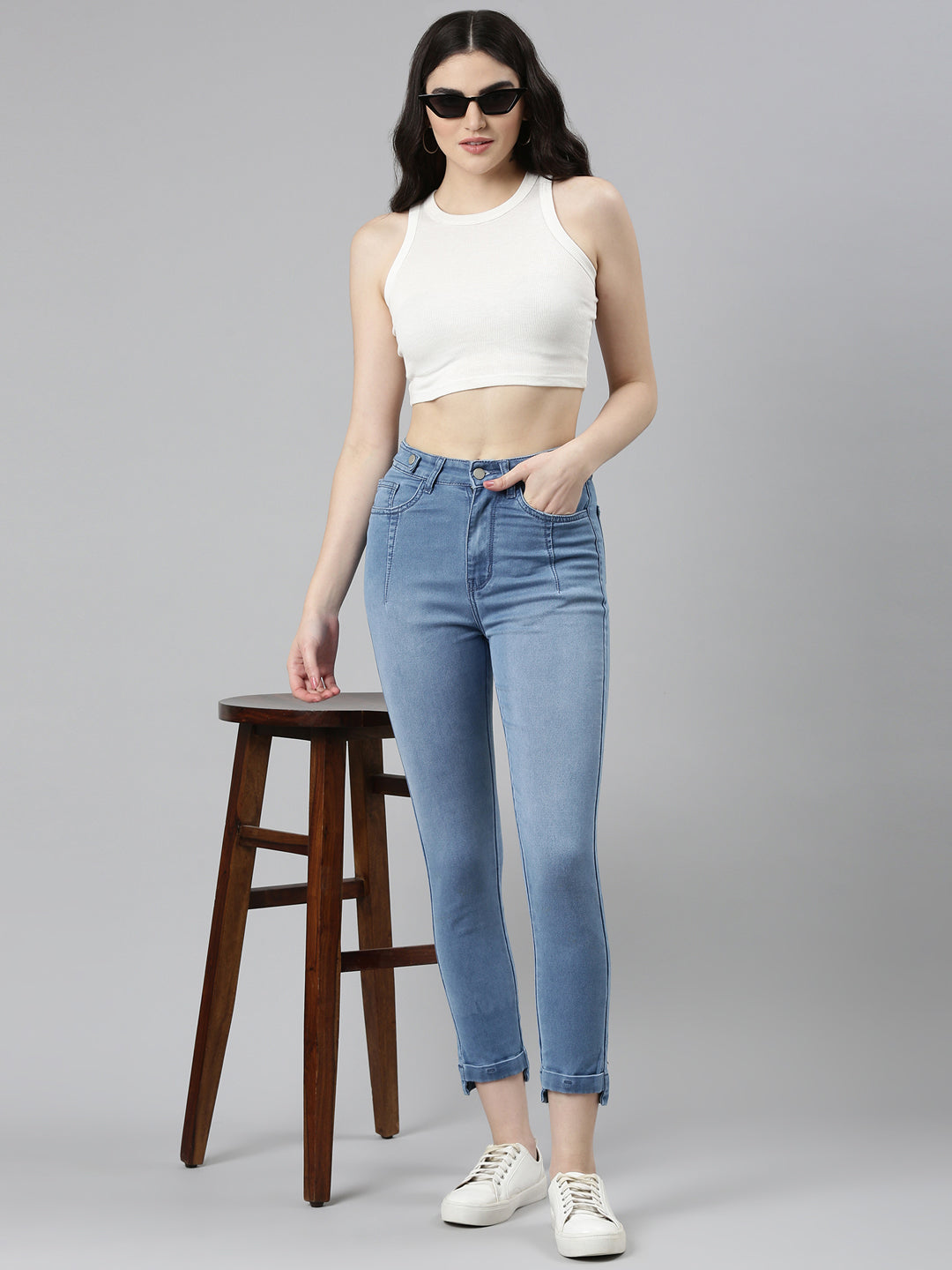 Women Blue Solid Slim Fit Denim Jeans