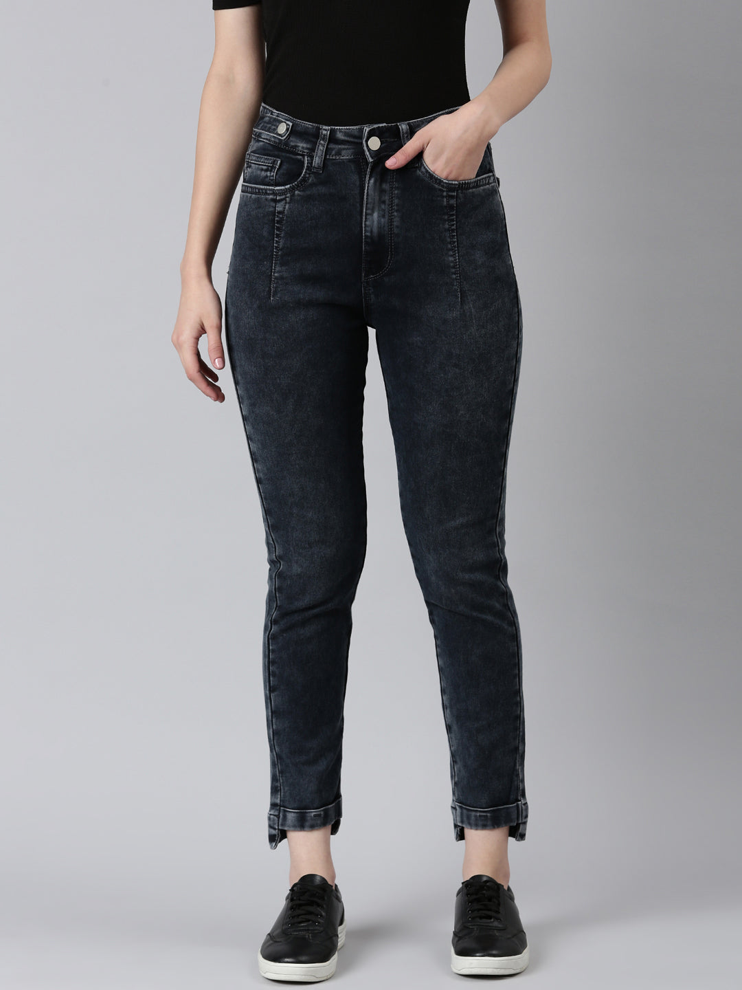 Women Grey Solid Slim Fit Denim Jeans