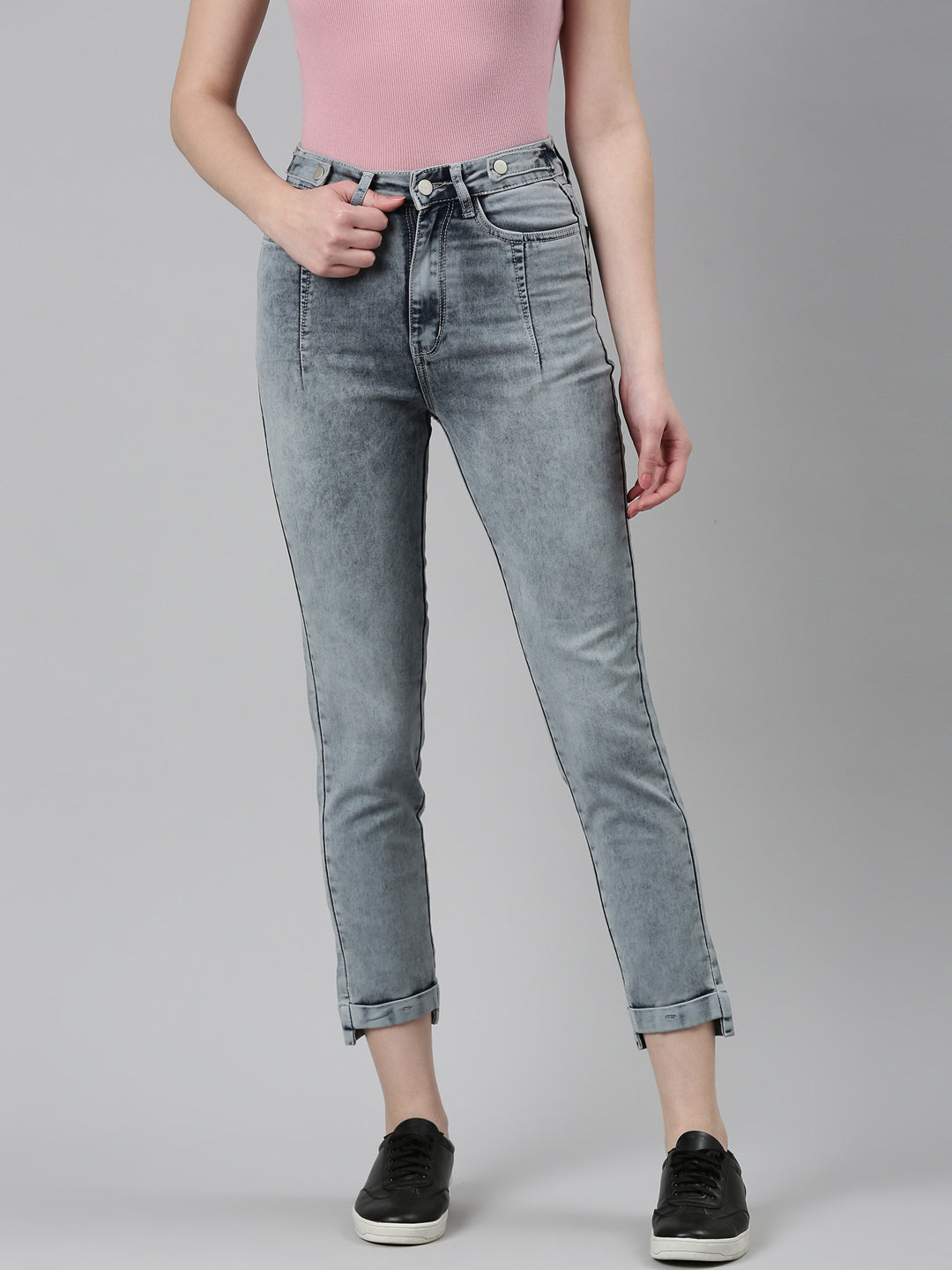 Women Grey Solid Slim Fit Denim Jeans