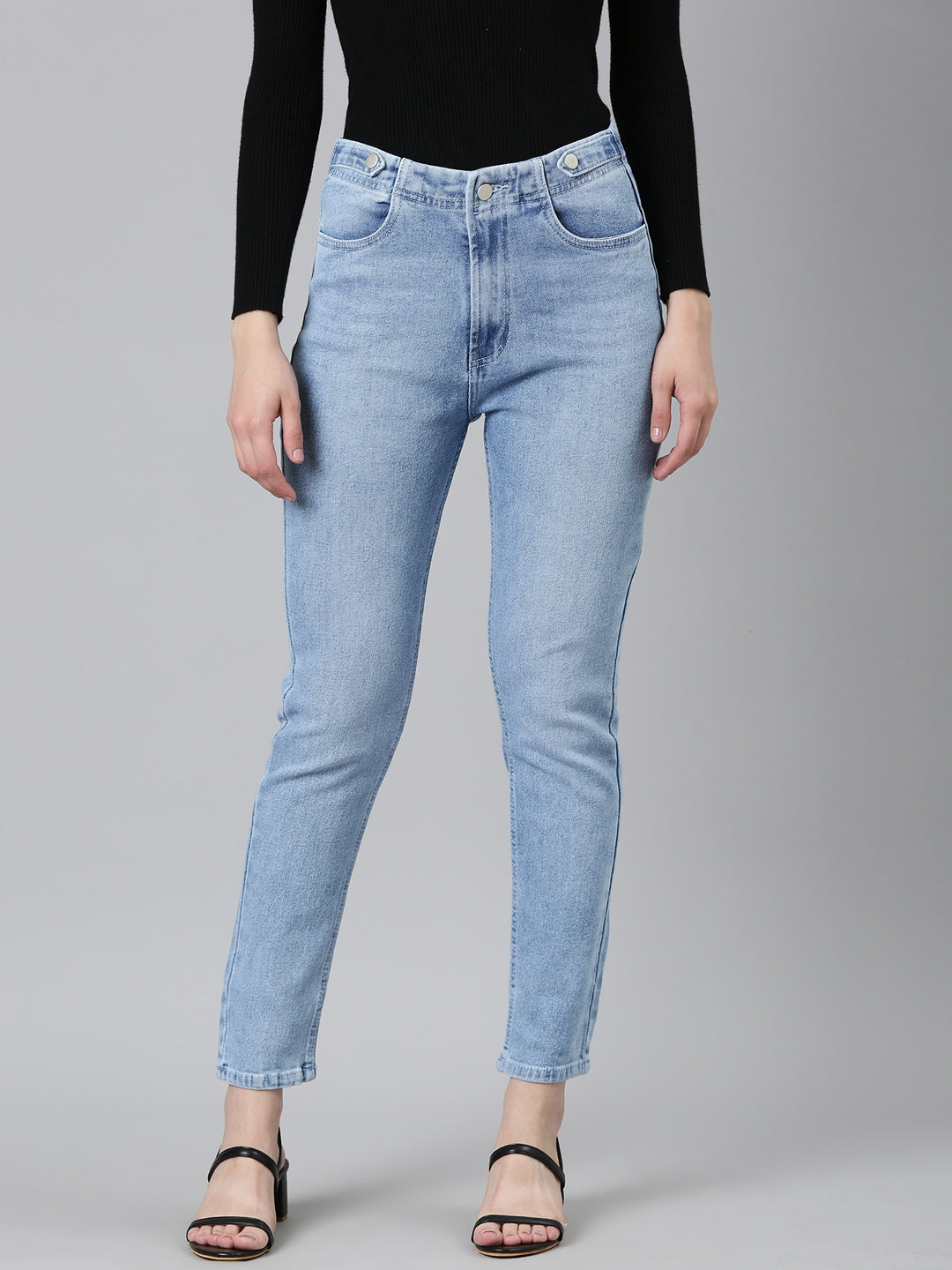 Women Blue Solid Regular Fit Denim Jeans