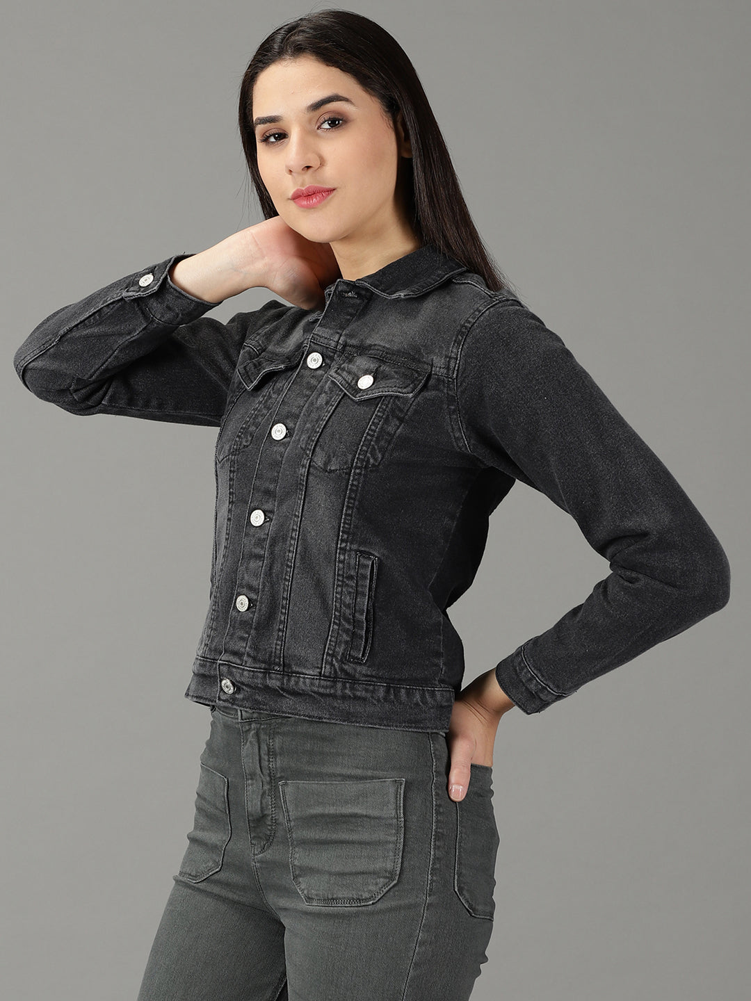Women's Grey Washed Crop Denim Jacket