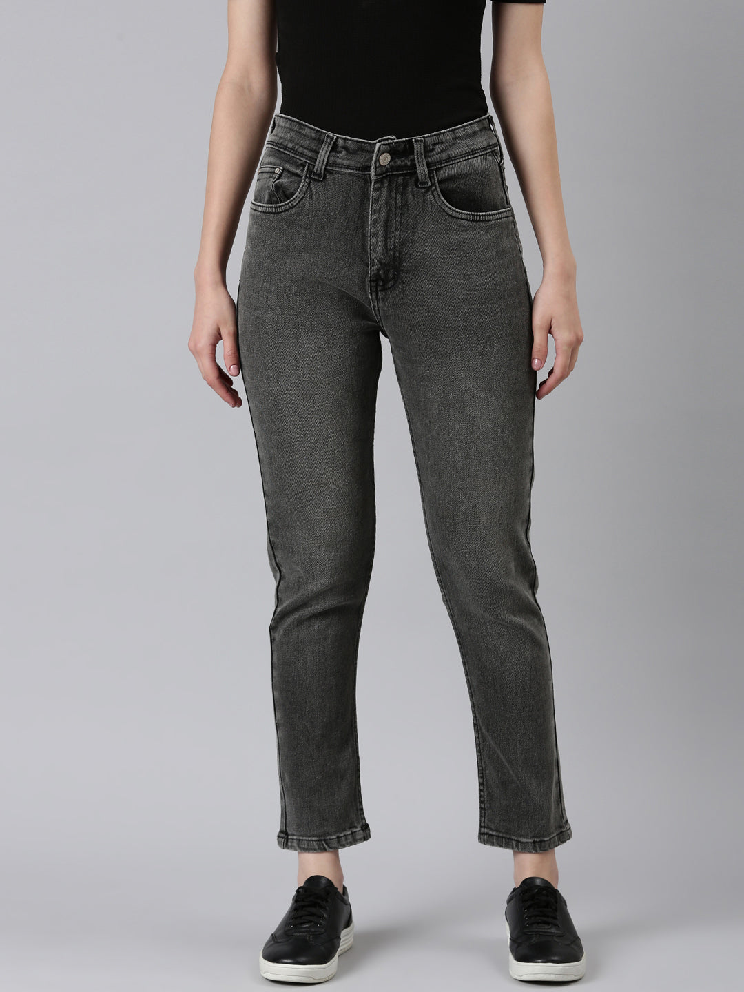 Women Grey Solid Regular Fit Denim Jeans