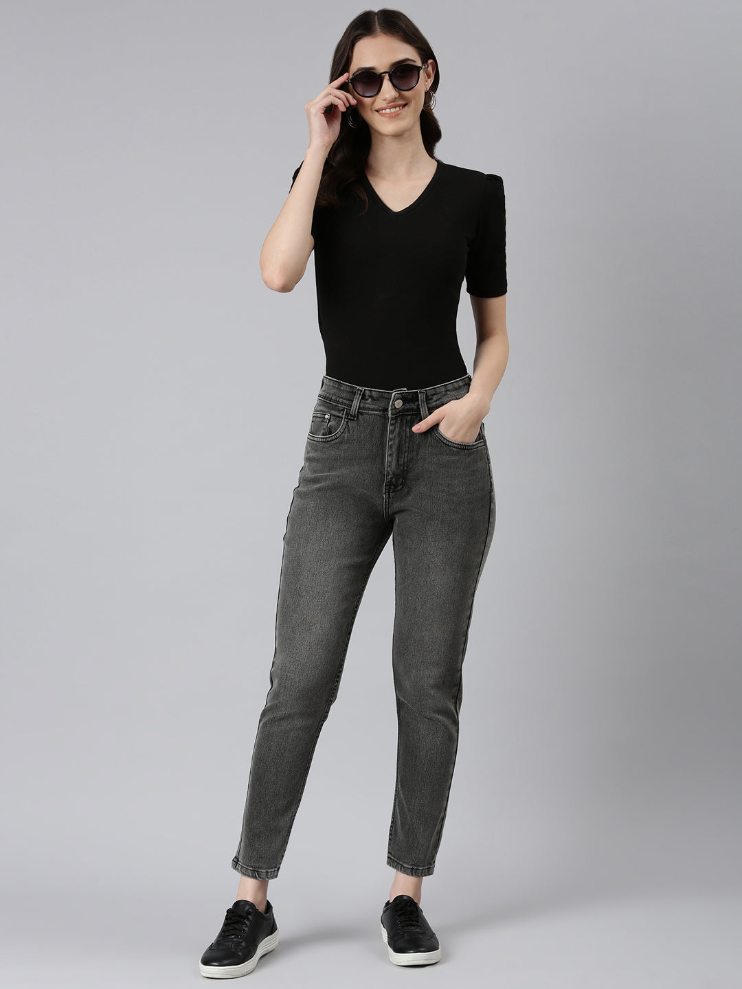 Women Grey Solid Regular Fit Denim Jeans