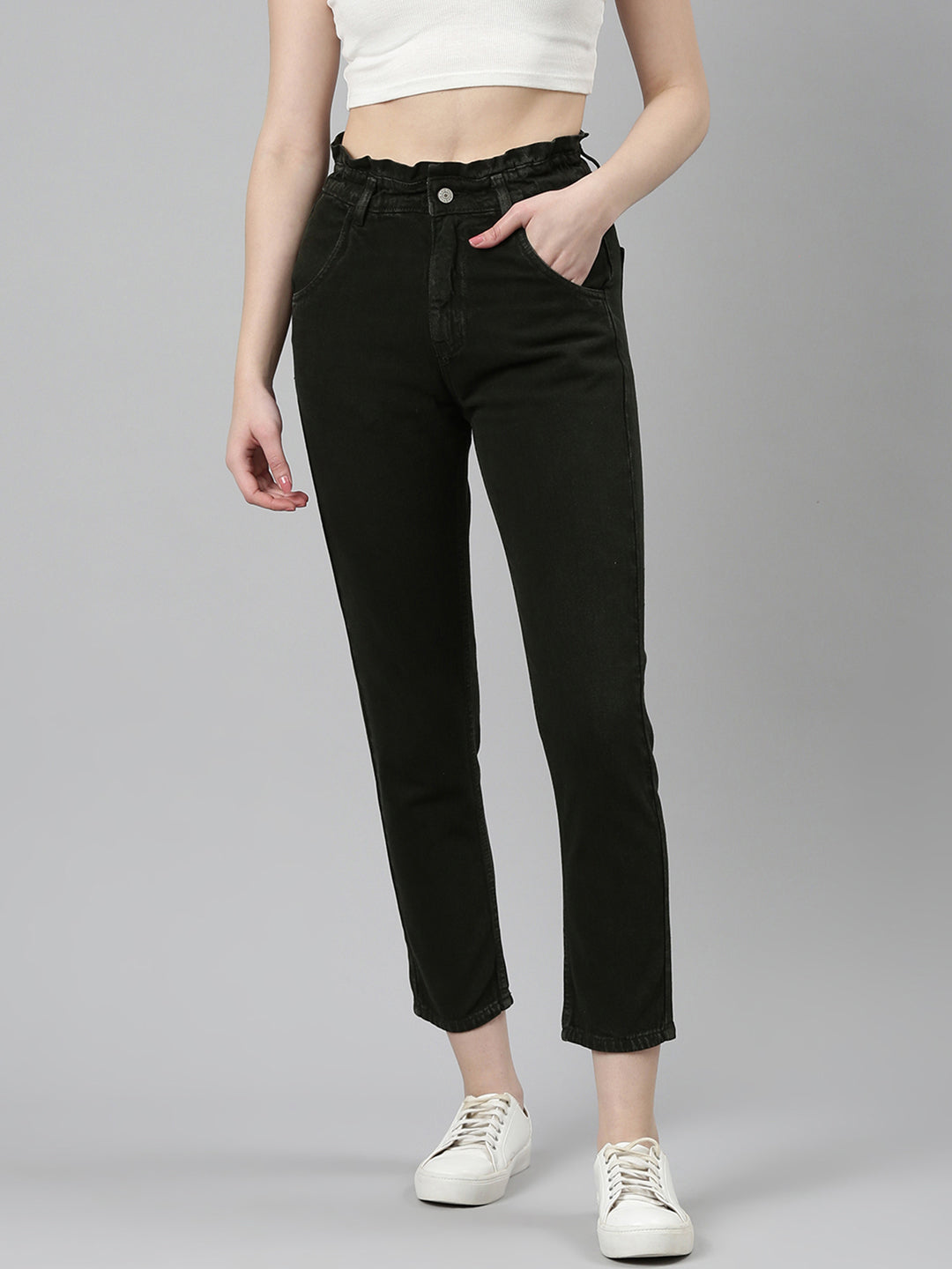 Women Olive Solid Regular Fit Denim Jeans