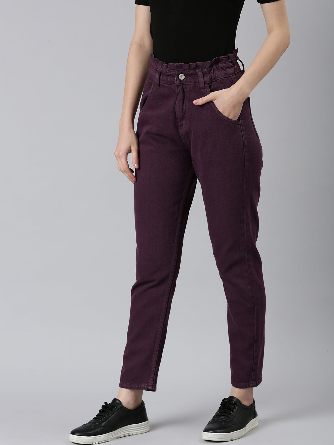 Women Purple Solid Regular Fit Denim Jeans