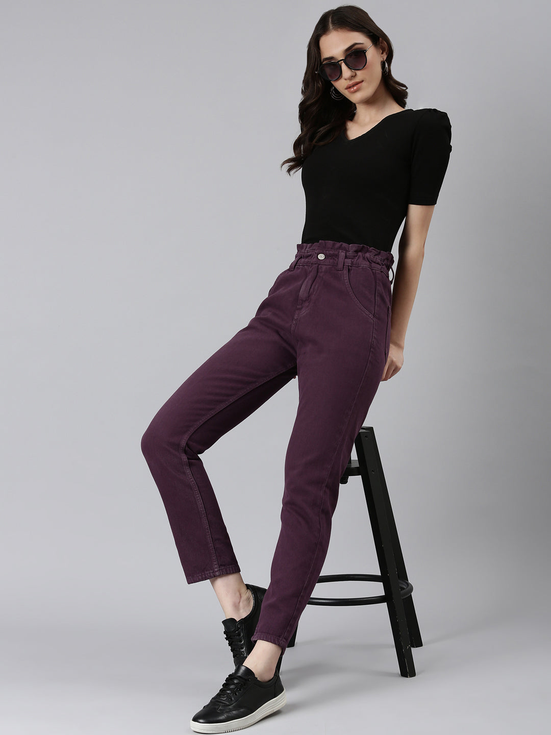 Women Purple Solid Regular Fit Denim Jeans