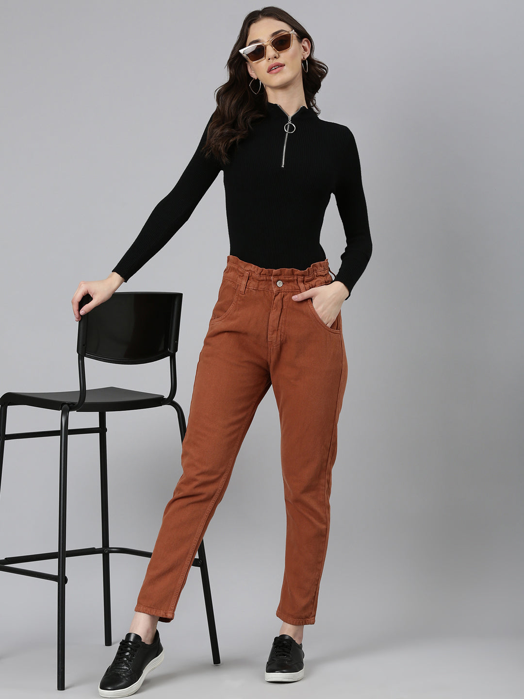 Women Rust Solid Regular Fit Denim Jeans