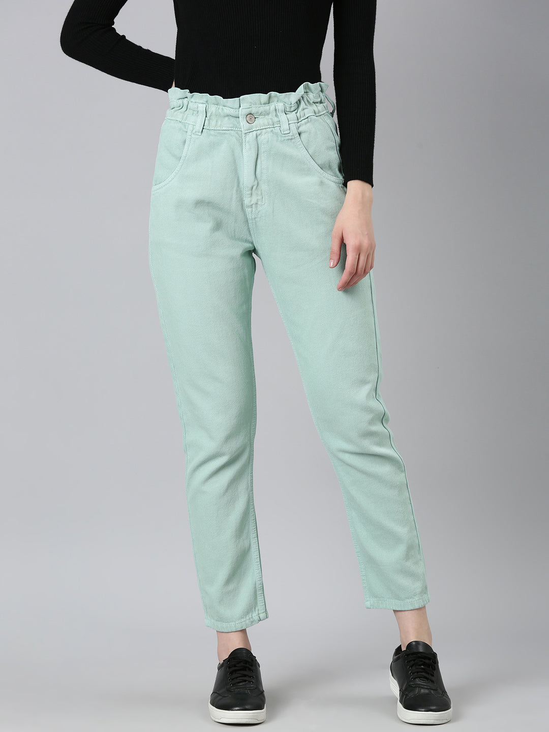 Women Sea Green Solid Regular Fit Denim Jeans