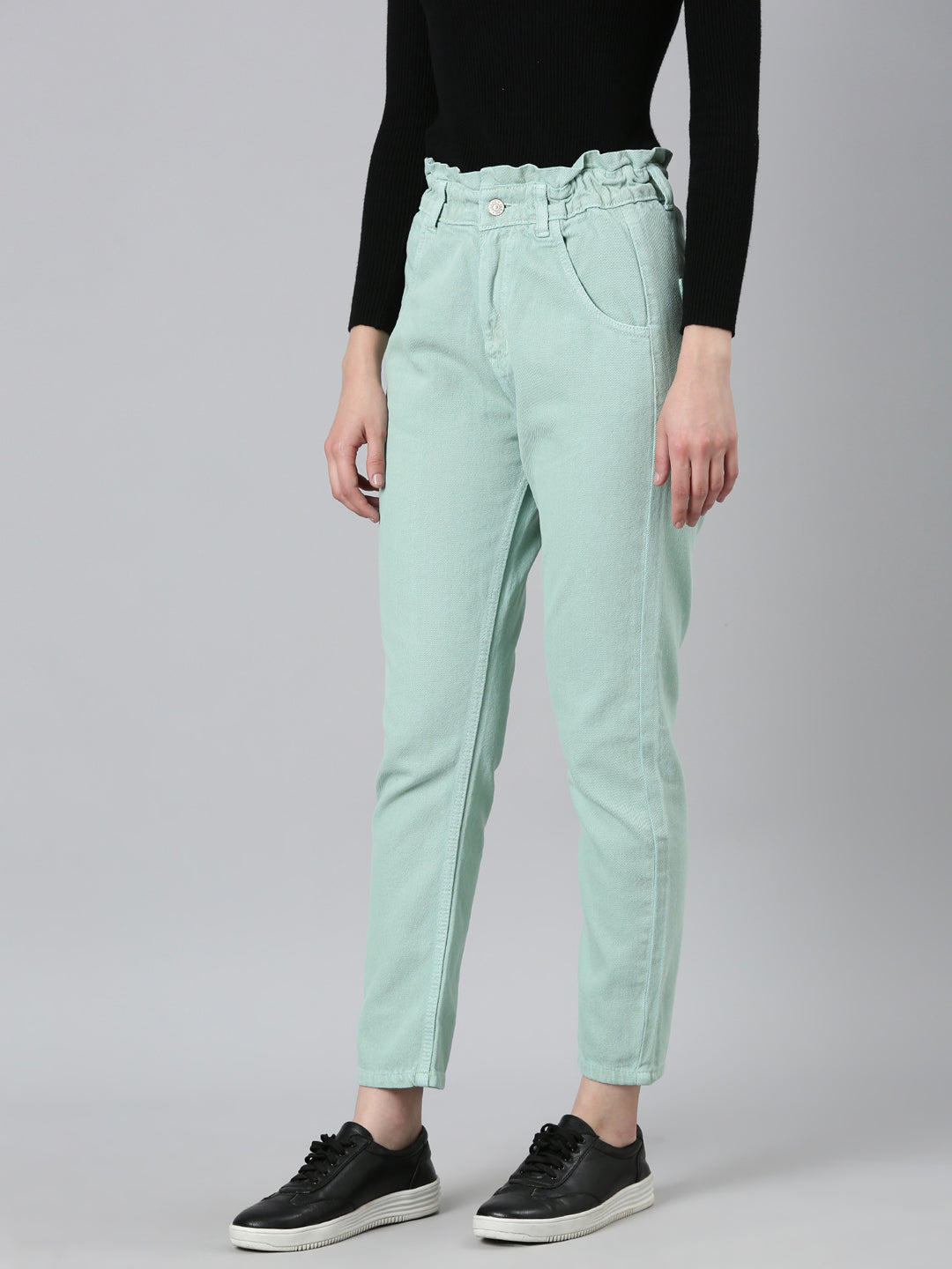 Women Sea Green Solid Regular Fit Denim Jeans