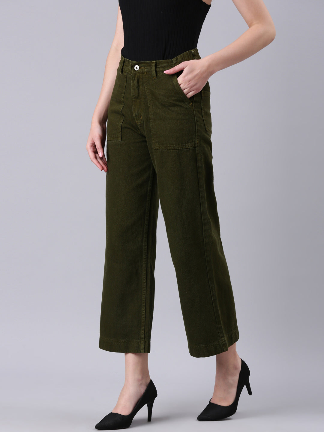 Women's Olive Wide Leg Acid Wash Denim Jeans