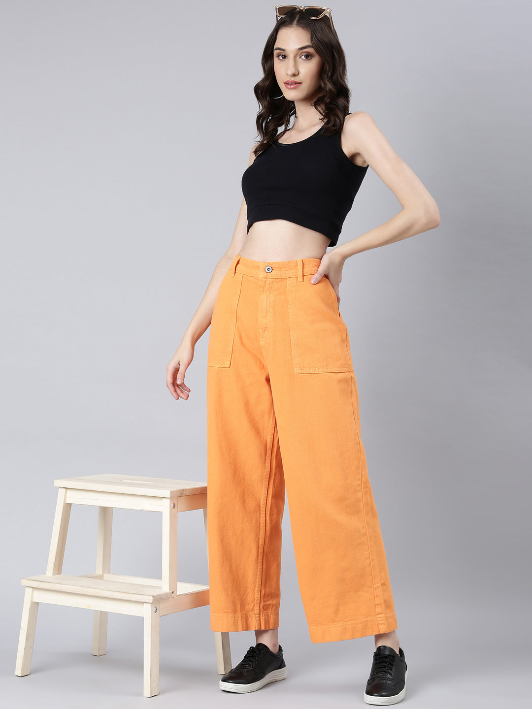 Women's Orange Wide Leg Fit Acid Wash Stretchable Denim Jeans