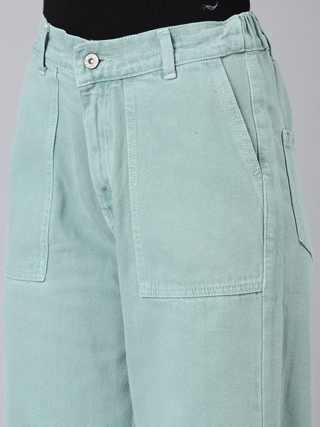 Women Sea Green Solid Wide Leg Denim Jeans