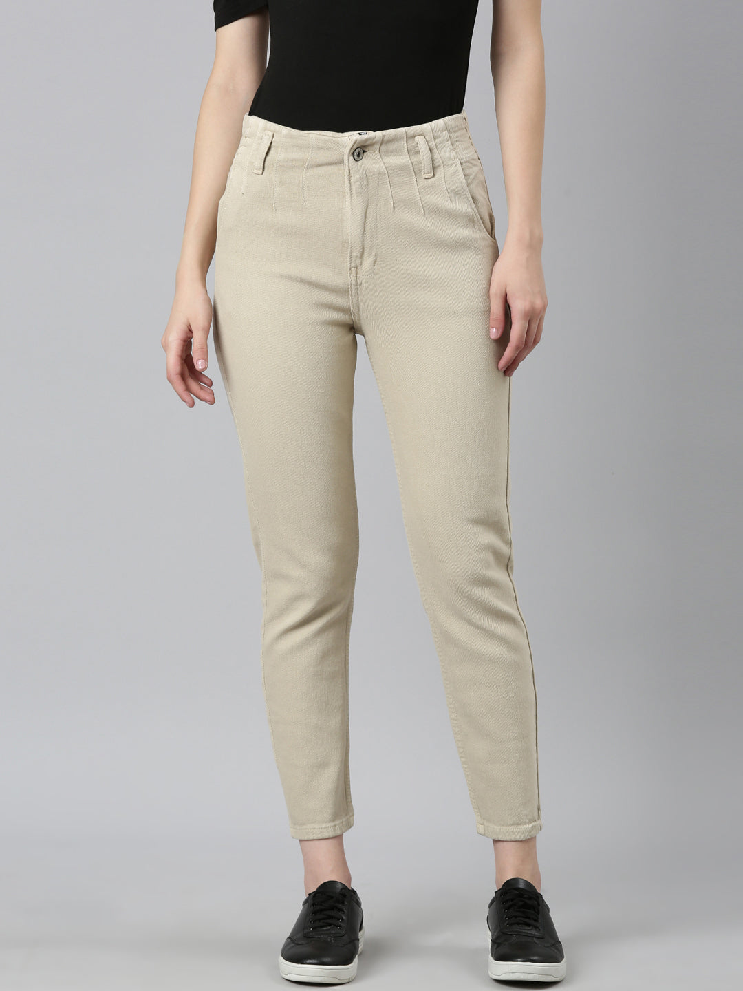 Women Beige Solid Regular Fit Denim Jeans