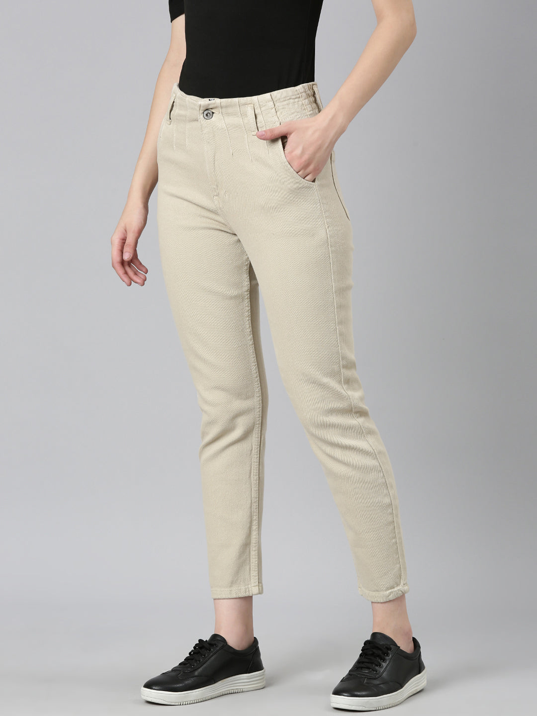 Women Beige Solid Regular Fit Denim Jeans