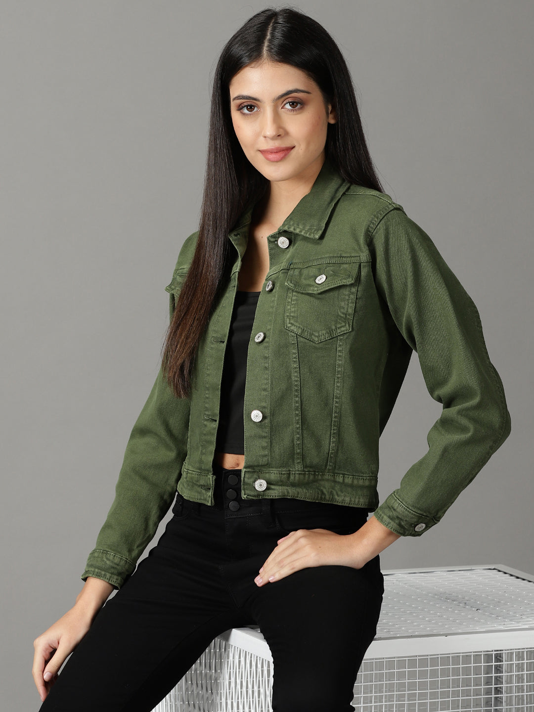 Women's Olive Solid Open Front Jacket