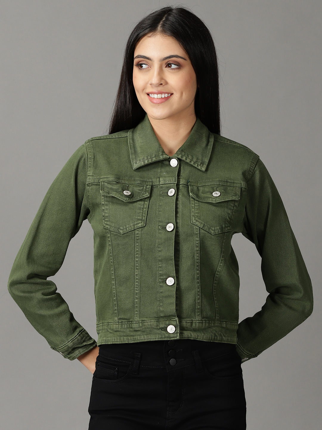 Women's Olive Solid Open Front Jacket