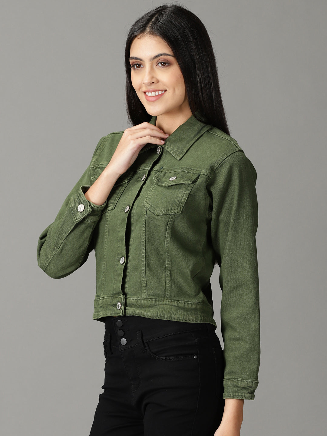 Women's Olive Solid Open Front Jacket