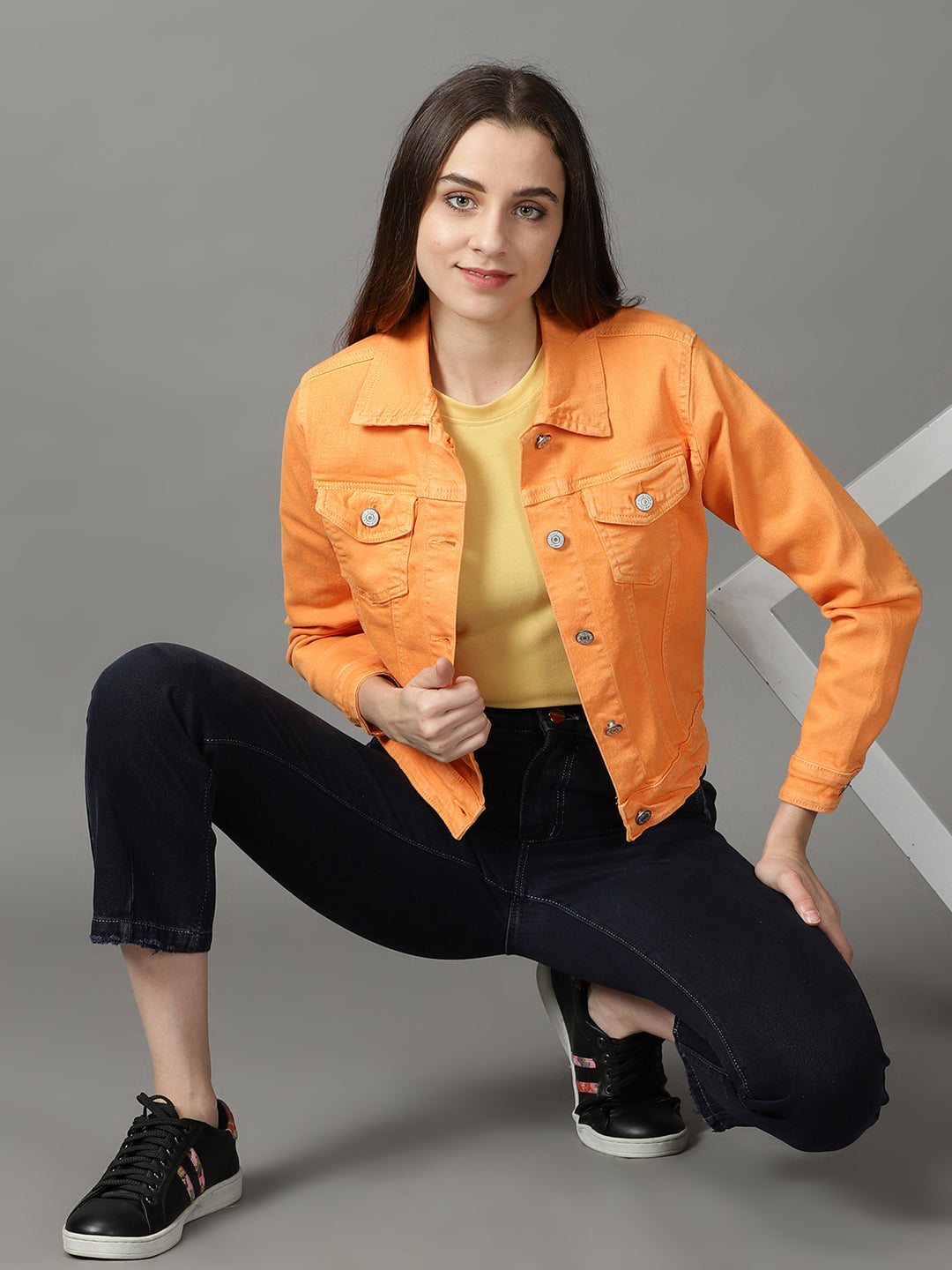 Women's Orange Solid Open Front Jacket