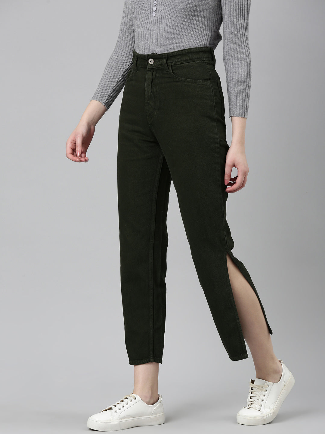 Women Olive Solid Regular Fit Denim Jeans