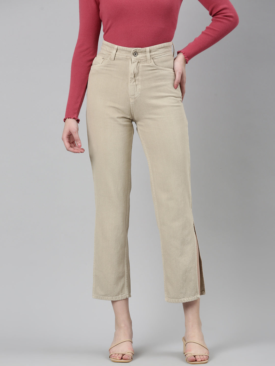 Women Beige Solid Regular Fit Denim Jeans