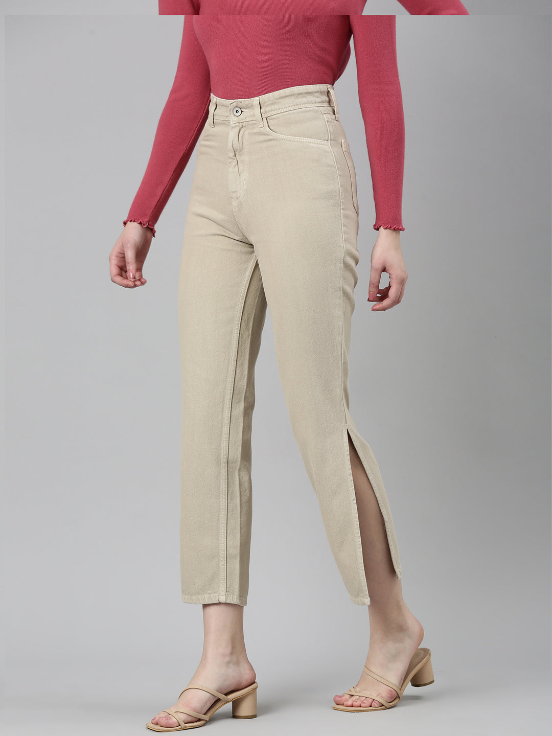 Women Beige Solid Regular Fit Denim Jeans