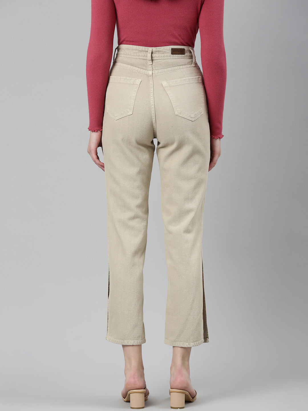 Women Beige Solid Regular Fit Denim Jeans