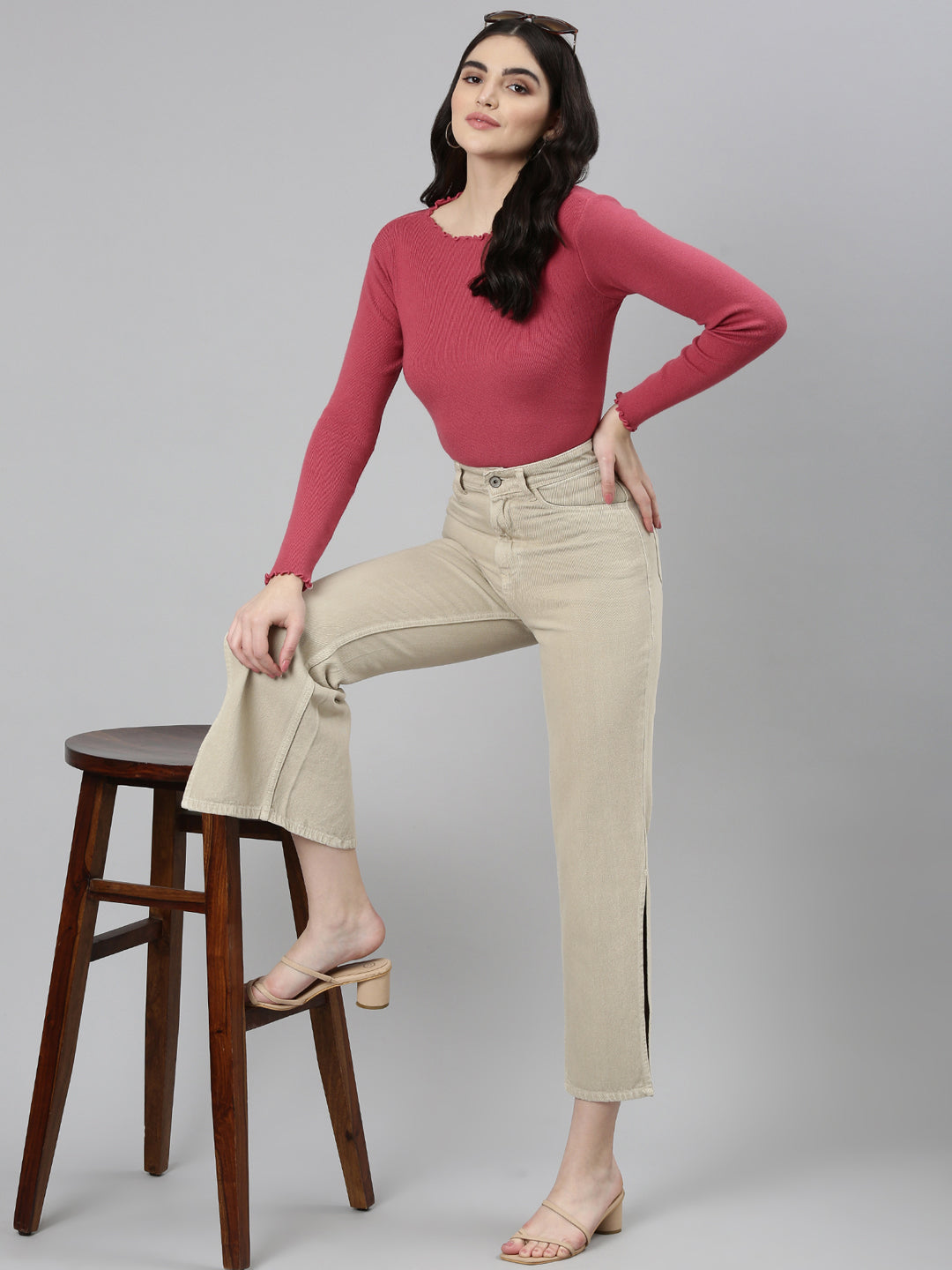 Women Beige Solid Regular Fit Denim Jeans