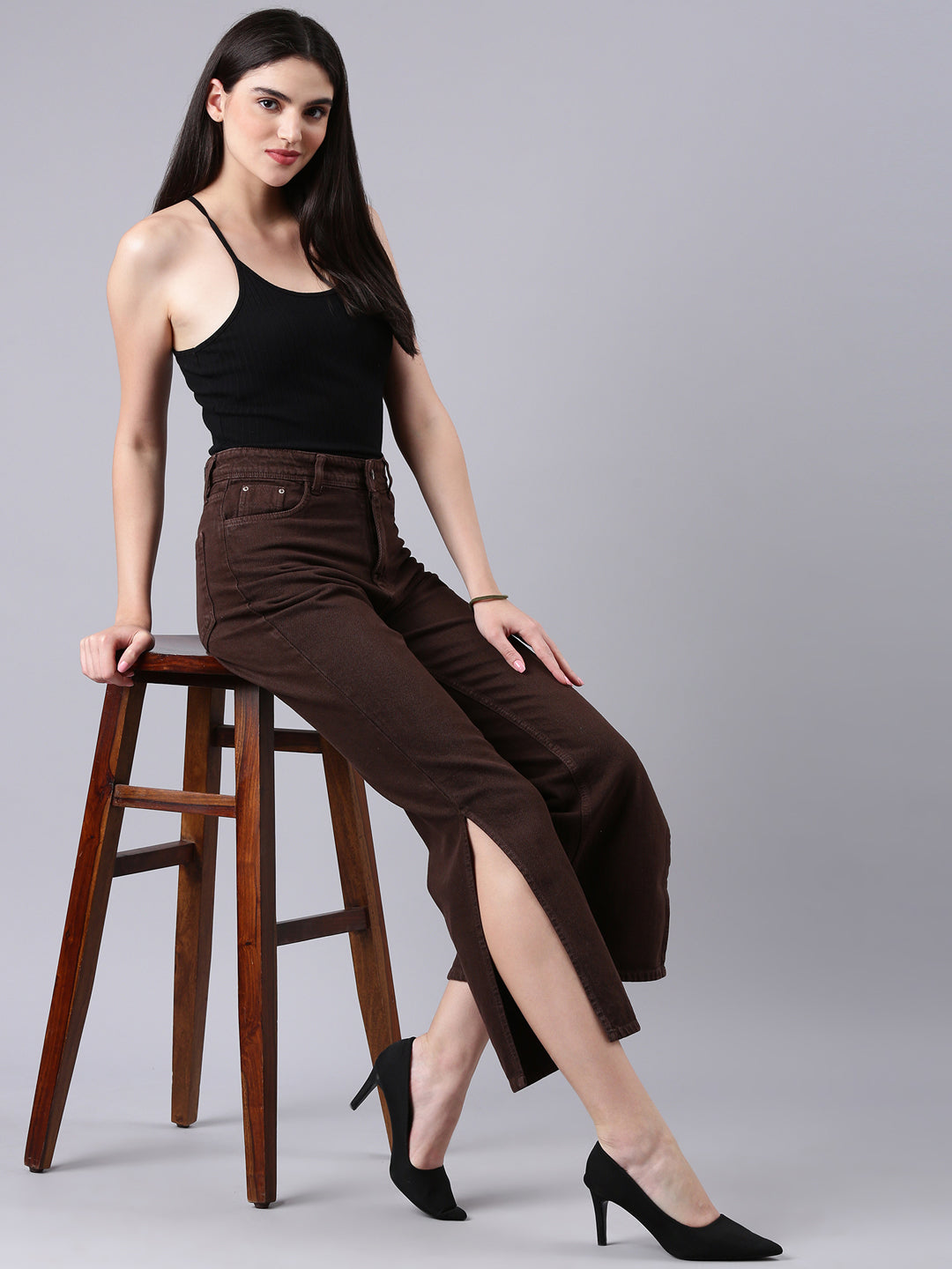 Women's Brown Clean Look Mid-Rise Wide Leg Denim Jeans