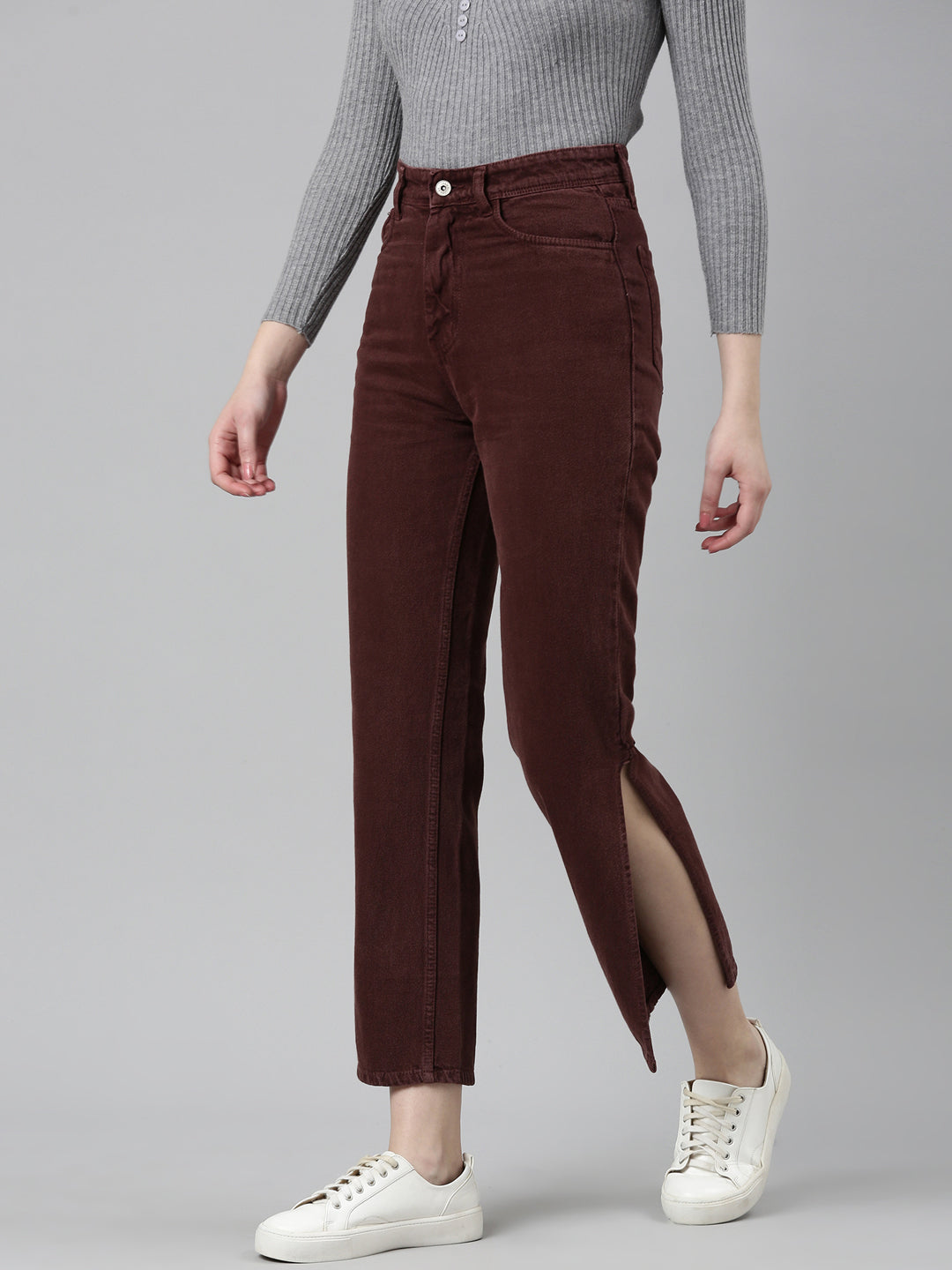 Women Burgundy Solid Regular Fit Denim Jeans