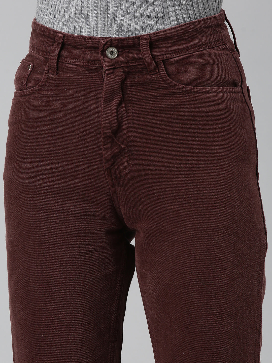 Women Burgundy Solid Regular Fit Denim Jeans