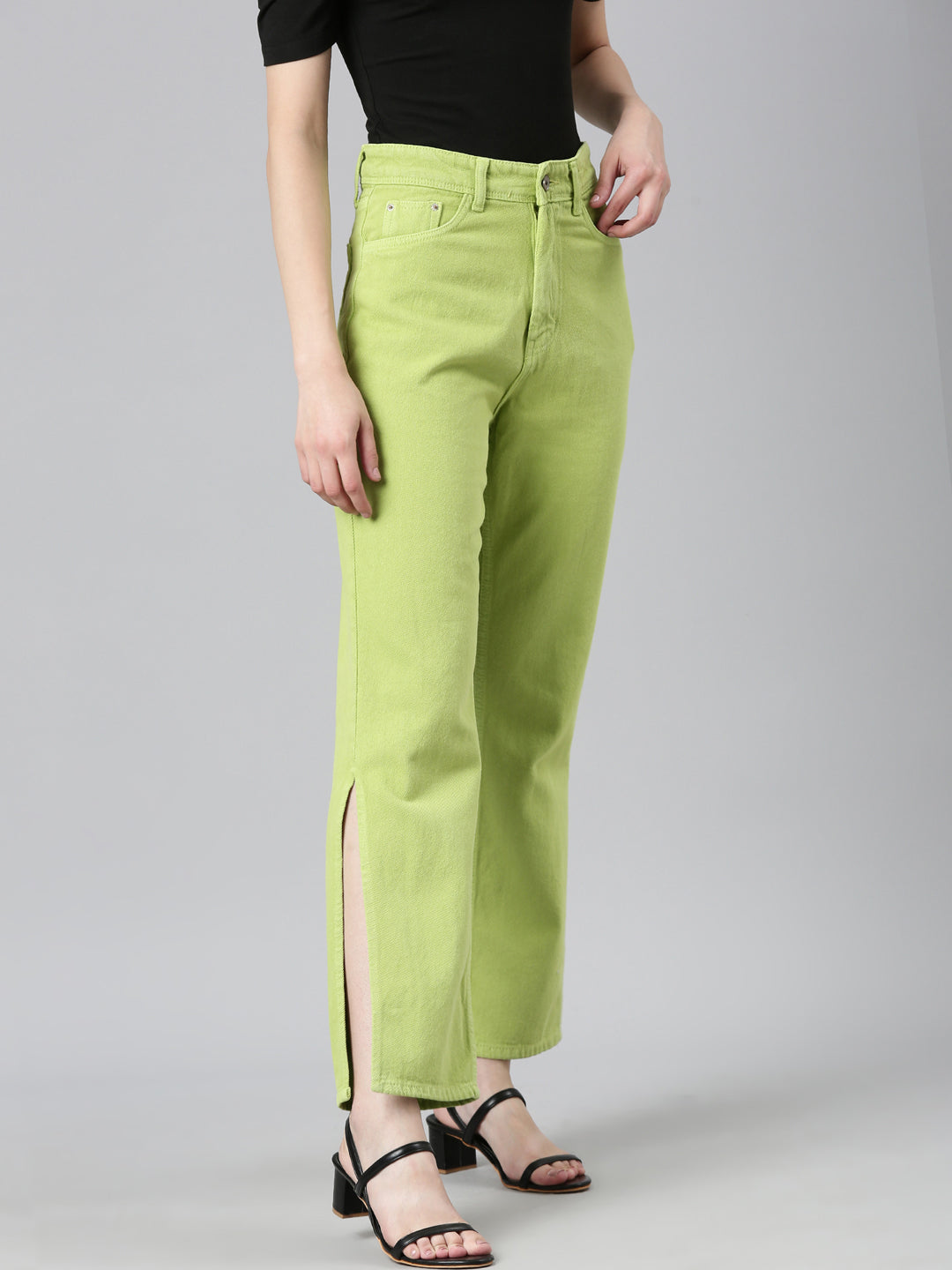 Women Lime Green Solid Regular Fit Denim Jeans