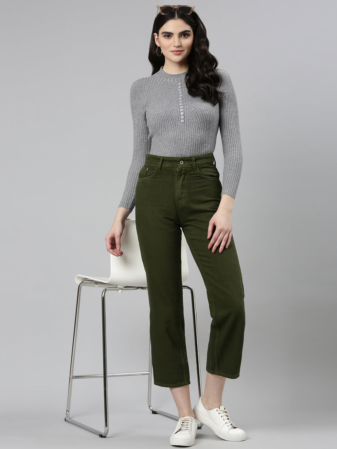 Women Olive Solid Straight Fit Denim Jeans