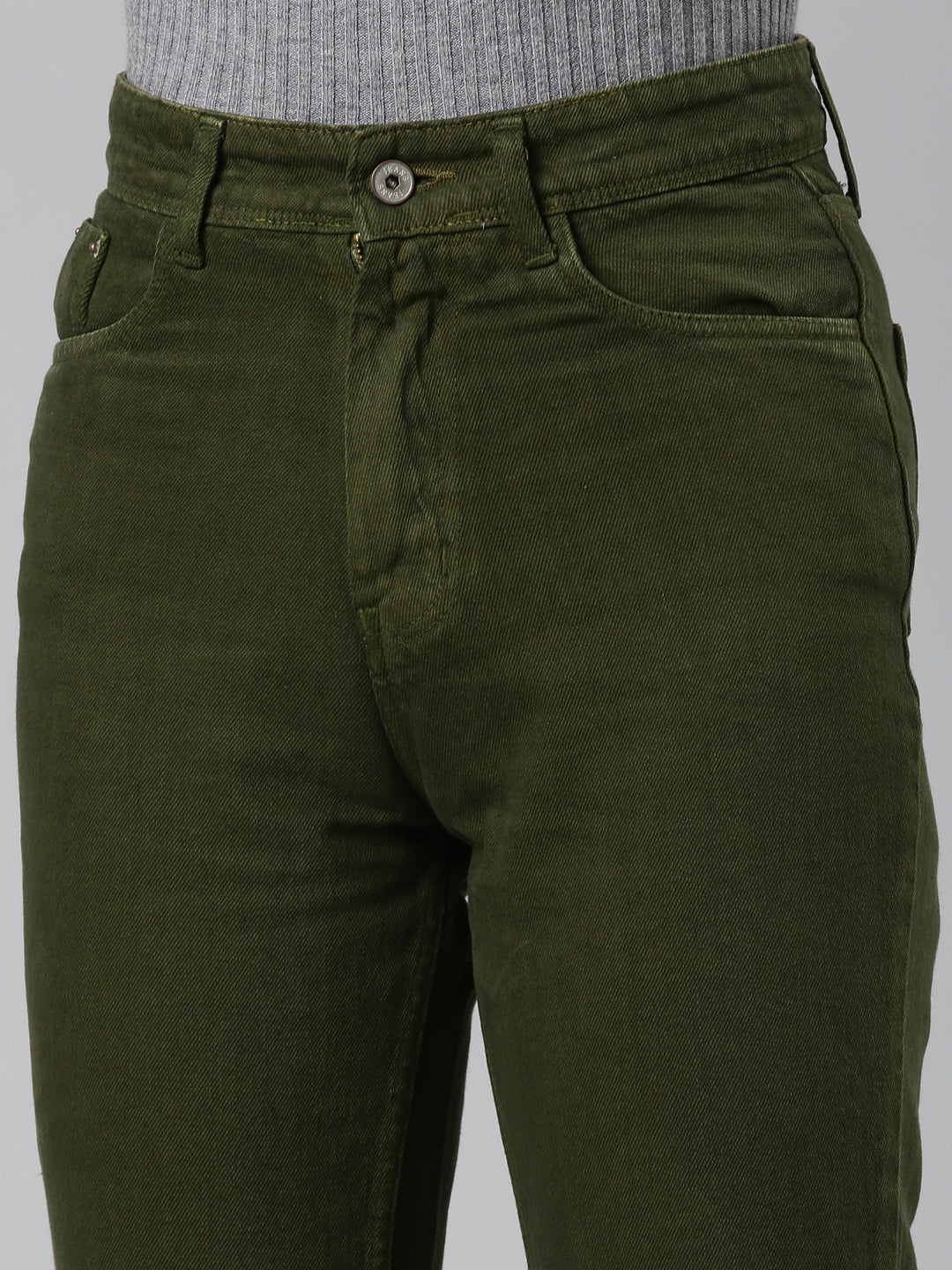 Women Olive Solid Straight Fit Denim Jeans