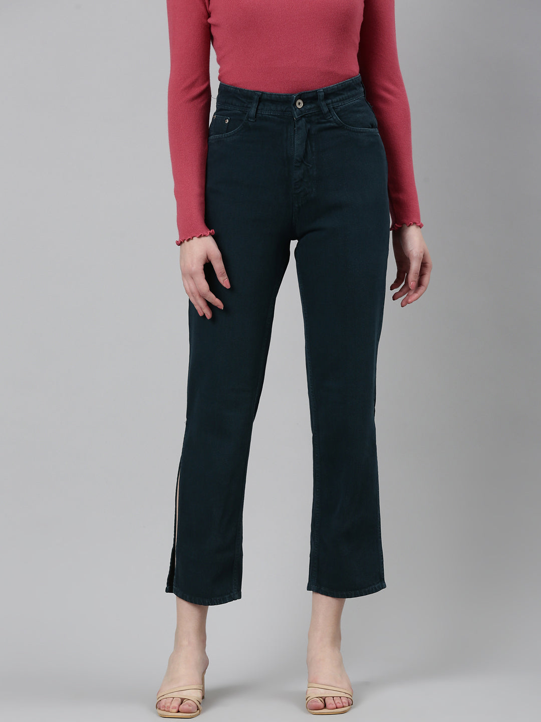 Women Teal Solid Straight Fit Denim Jeans