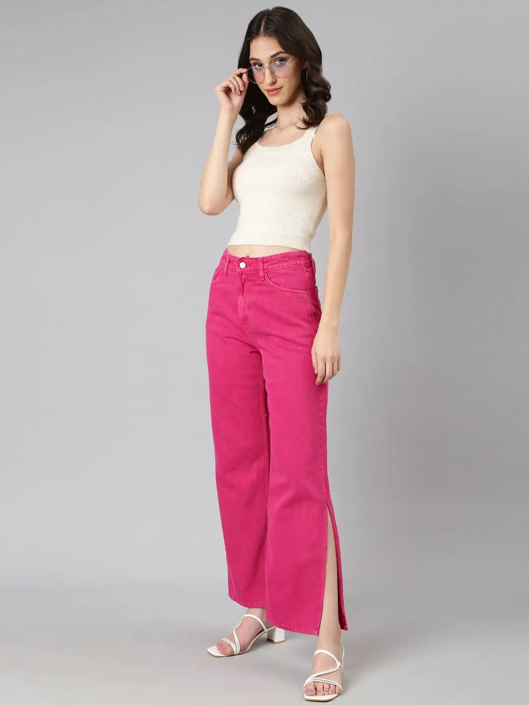 Women's Pink Wide Leg Denim Jeans