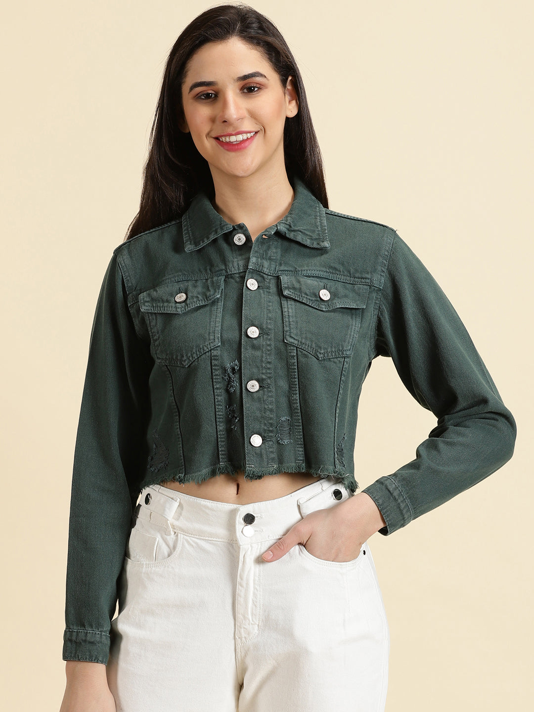 Women's Green Solid Open Front Jacket