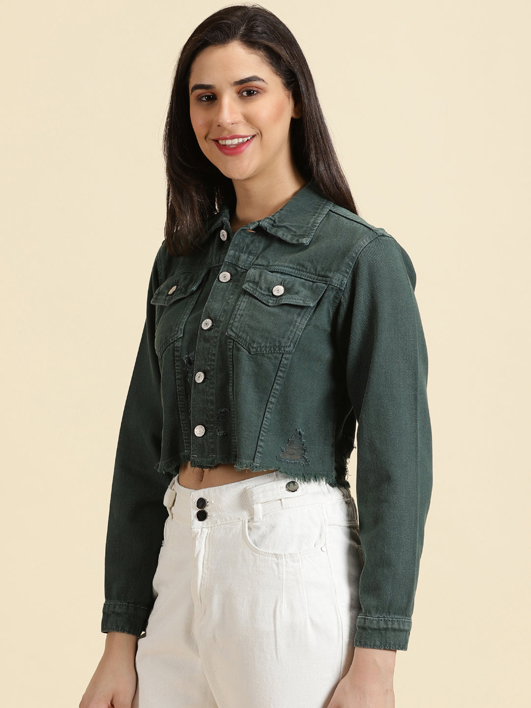 Women's Green Solid Open Front Jacket