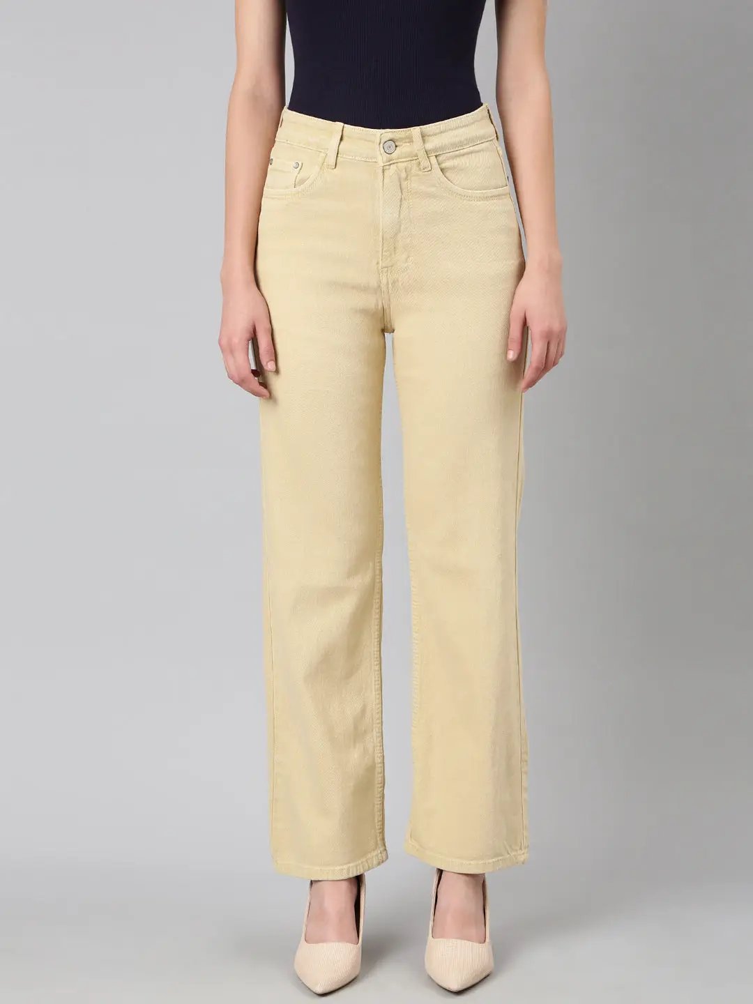 Women's Beige Solid Straight Fit Denim Jeans