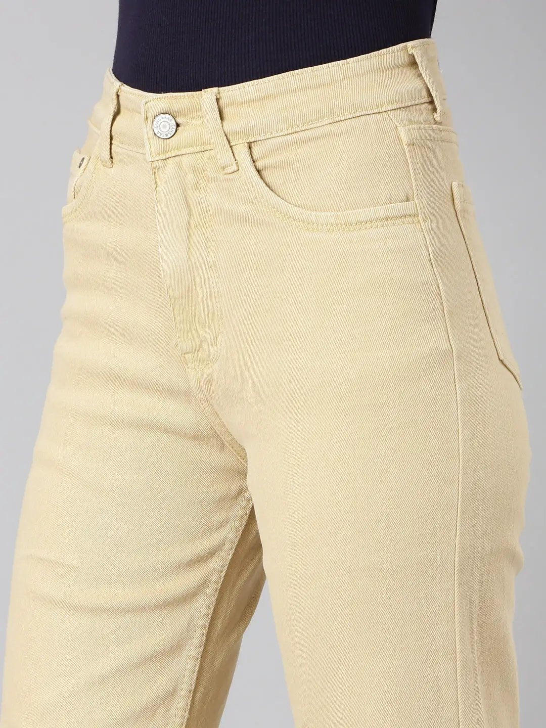 Women's Beige Solid Straight Fit Denim Jeans