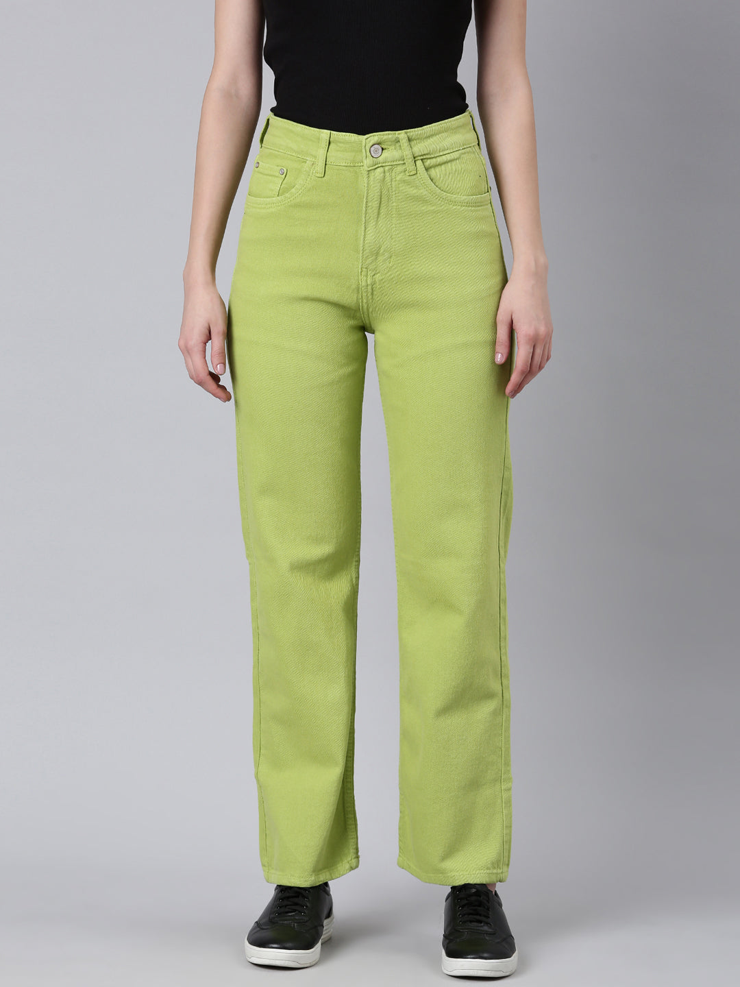 Women's Lime Green Straight Fit Clean Look Acid Wash Denim Jeans