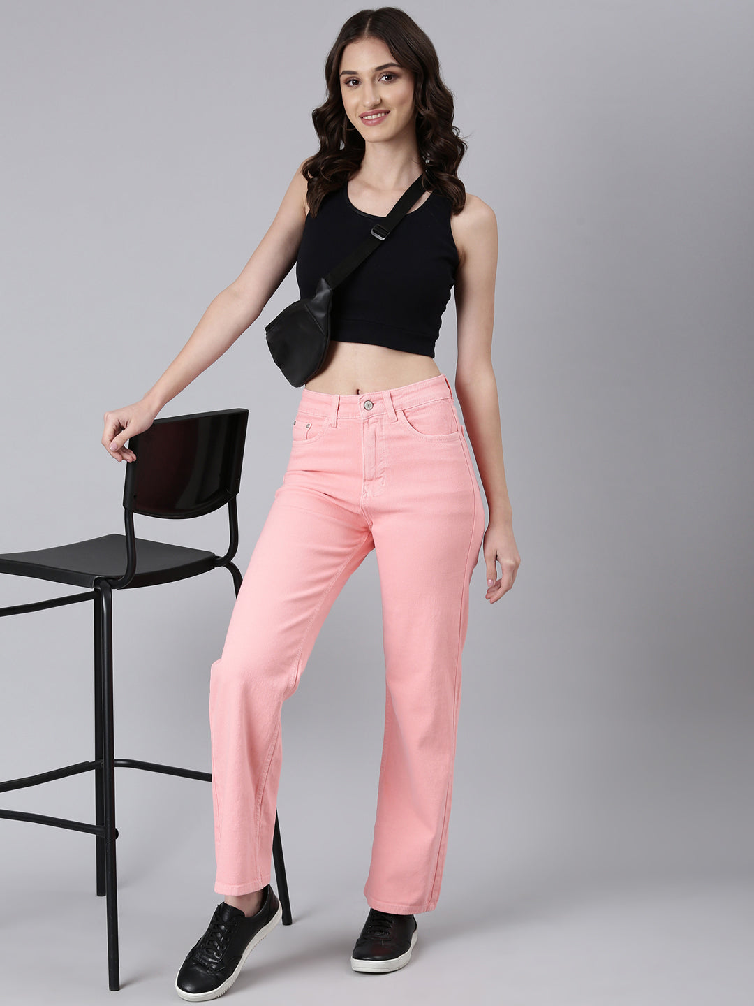 Women's Peach Mid Rise Straight Fit Stretchable Denim Jeans