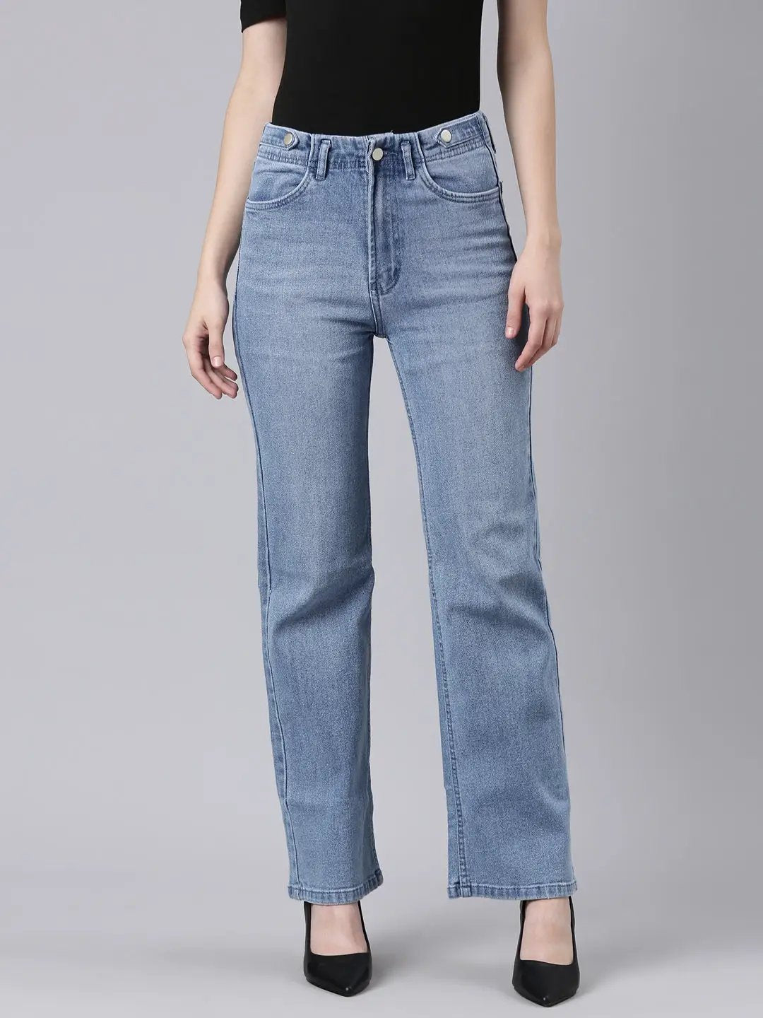 Women's Blue Solid Straight Fit Denim Jeans